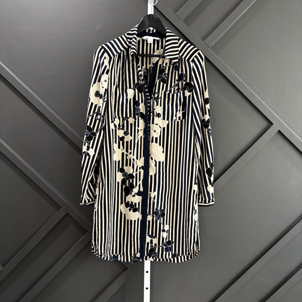 Diane von Furstenberg Women Size 4 Navy Cream Striped Floral Shirt Dress Pockets